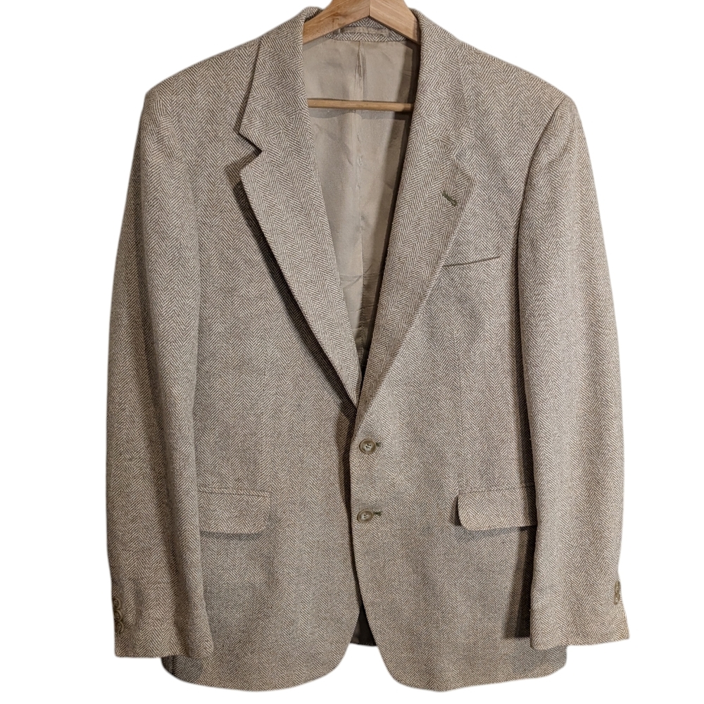 Men's Sport Coat Tan Blazer Woodmere Herringbone Vintage Wool 2 Button Sz 42